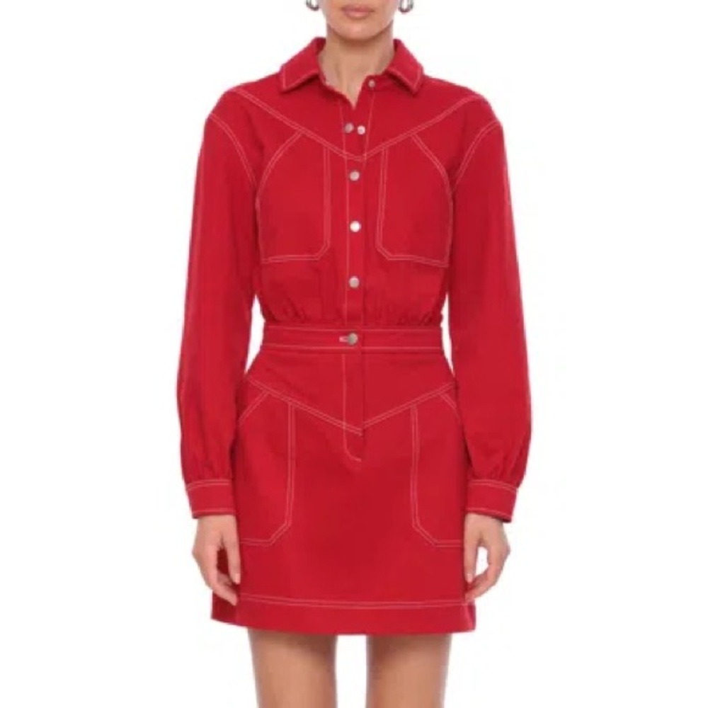 7 For All Mankind Red Button-Front Denim Shirt Dress